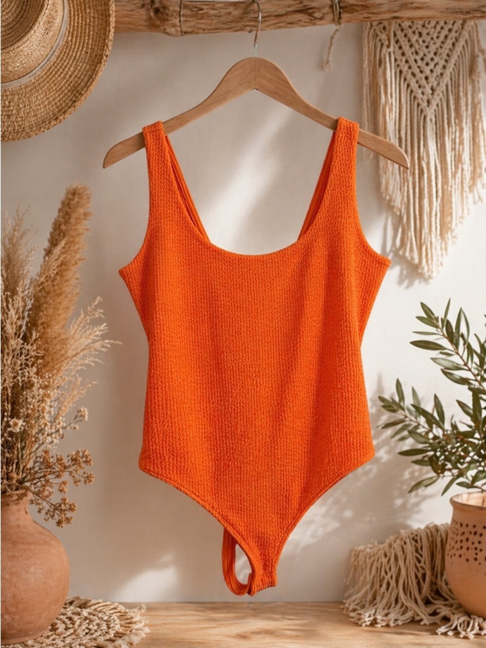 H&M Bright Orange Textured Waffle Knit Bodysuit Tank Top Large